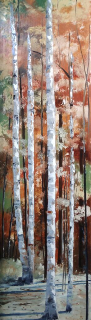Birch Trees, 12 x 40 oil on board, $2000