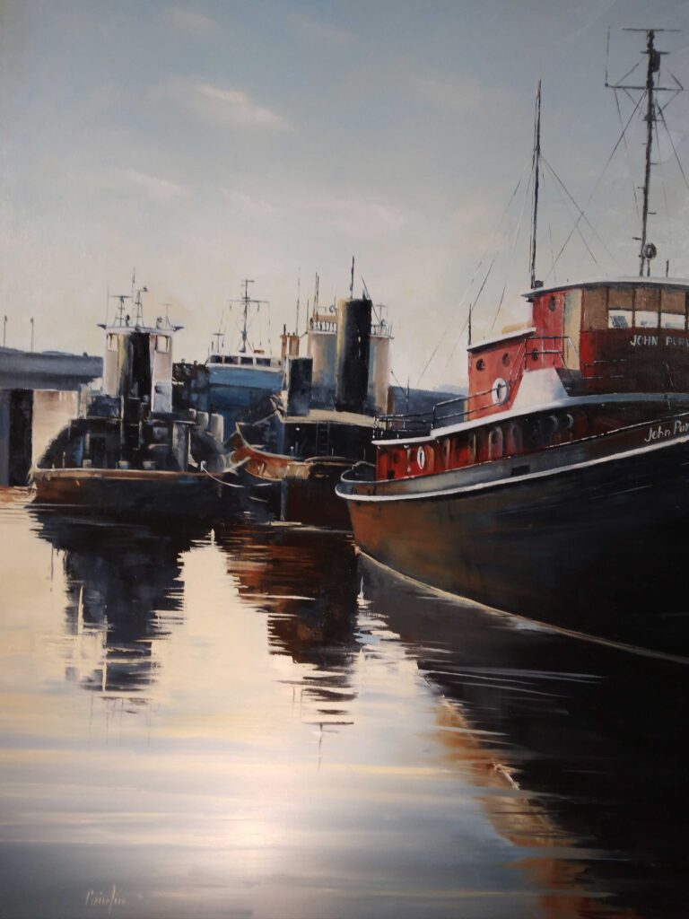Reflections of Tugboats, 30 x 40 oil, $3900